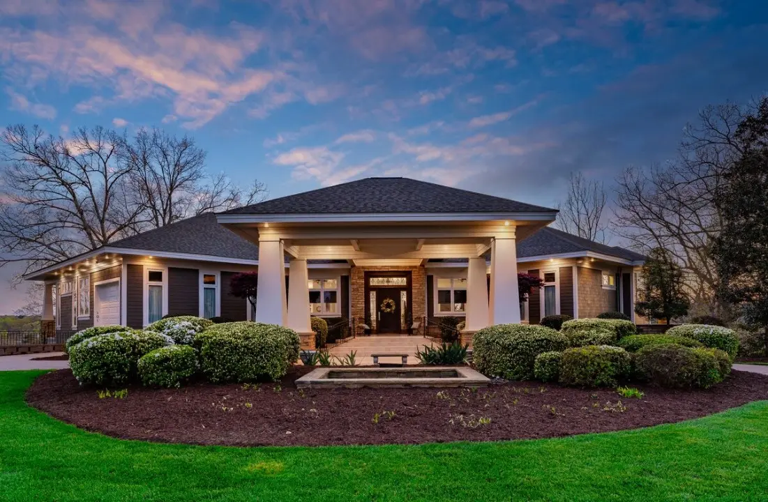 Beautifully lit exterior at dusk